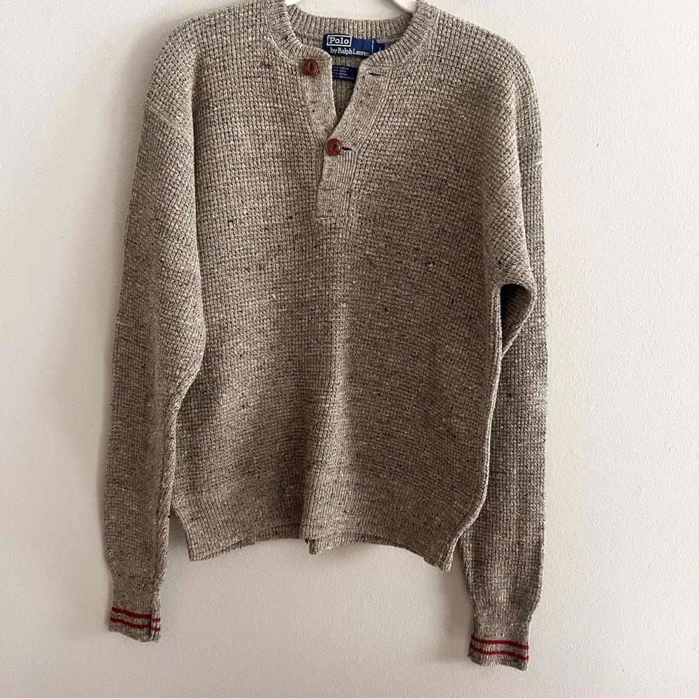 Polo Ralph Lauren Men's Large Beige Crewneck Sweater with Button Detail vintage